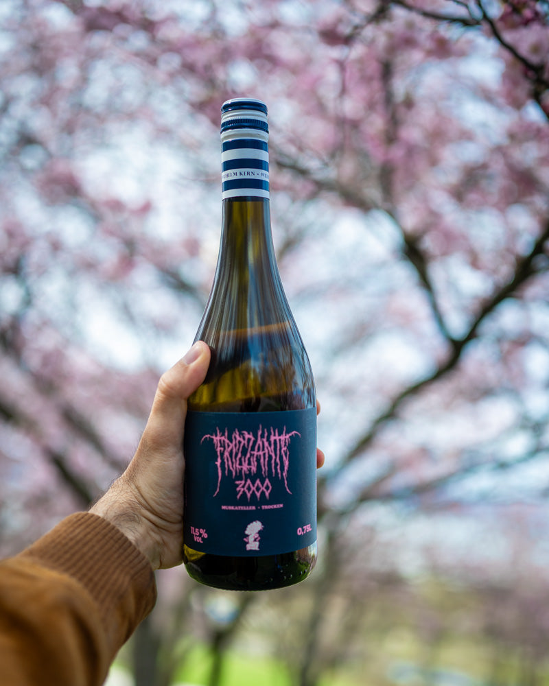 Hand hält eine Flasche Frizzante 3000 Wein vor einem Hintergrund aus rosa Kirschblüten.